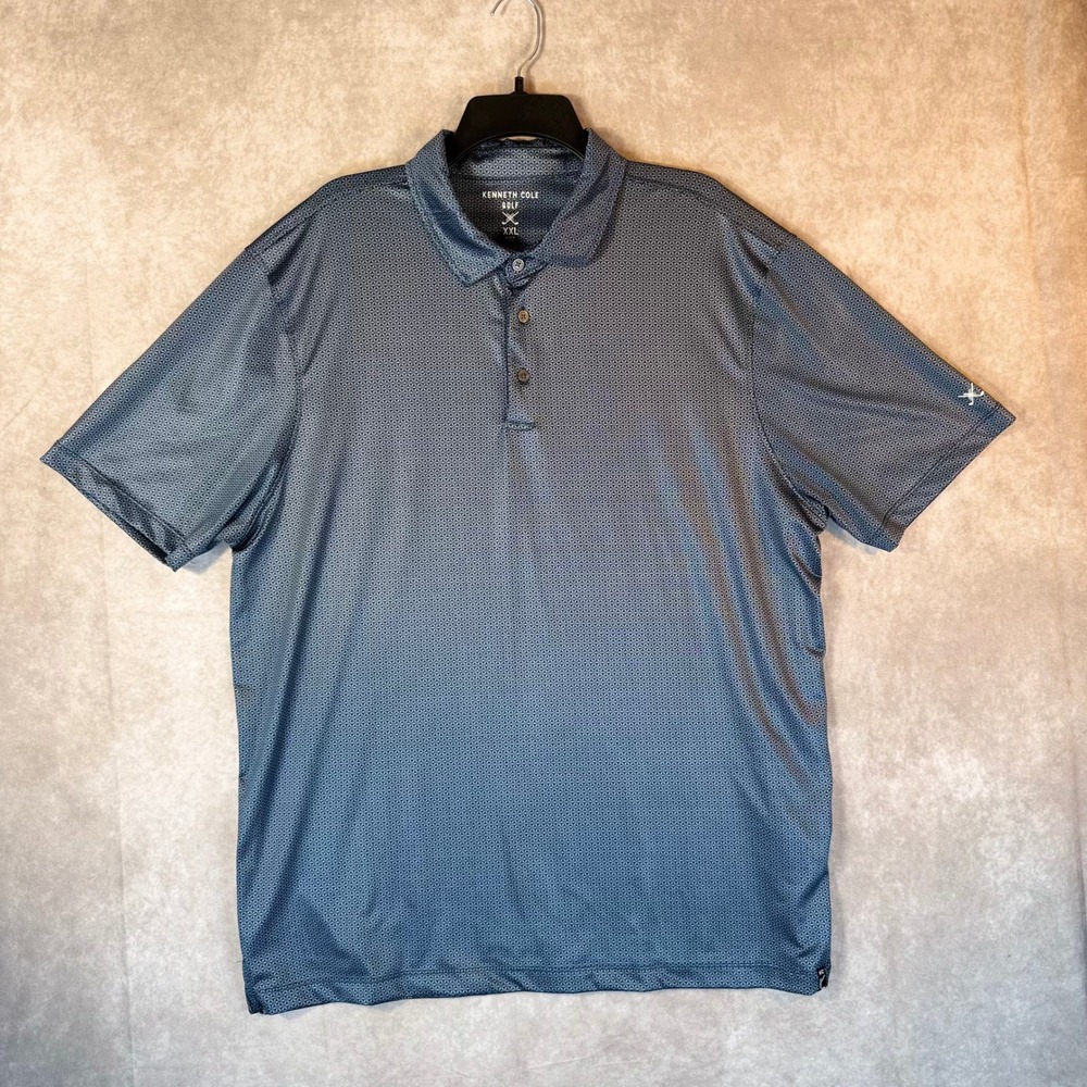 Kenneth Cole Golf Polo Mens XXL Grey Blue Geometric Print Stretch Preppy Casual - Picture 2 of 7
